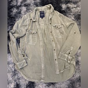American Eagle Boyfriend Long Sleeve Button Up Shirt Sz S Olive Green